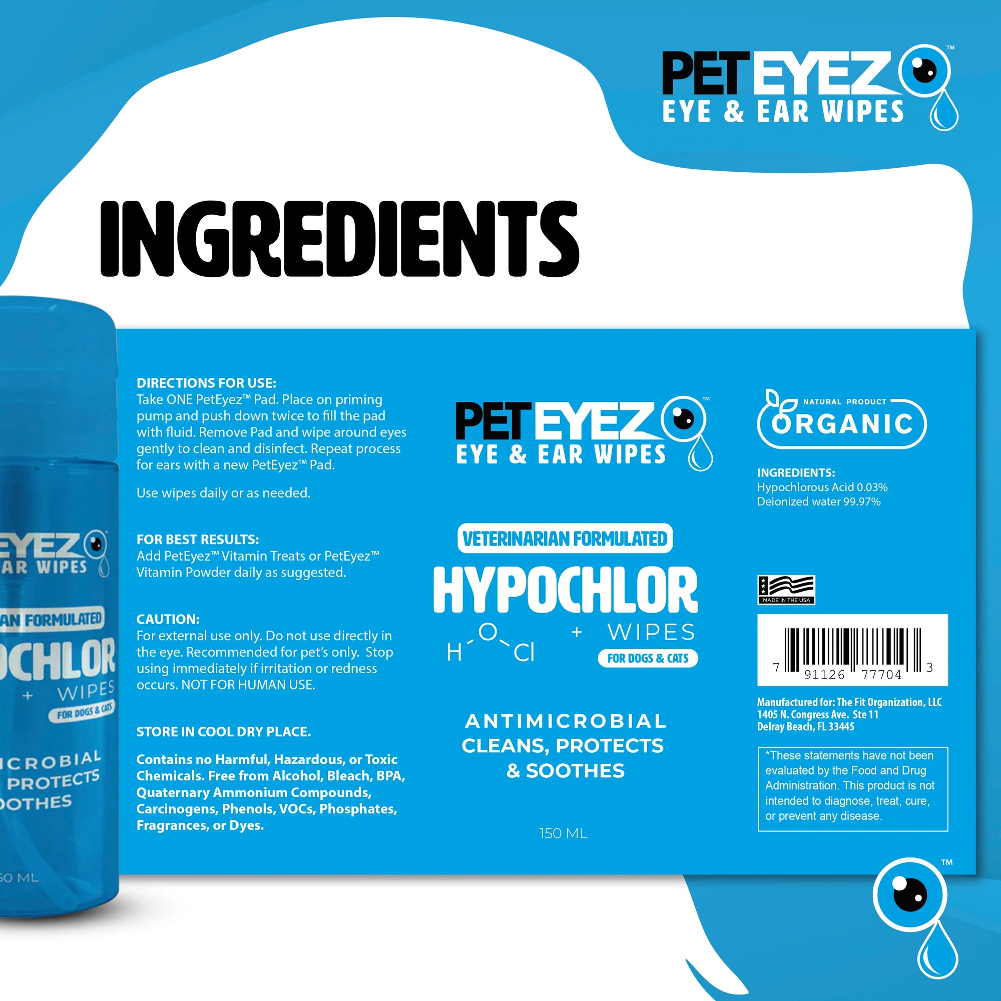 PetEyez™️ Eye, Tear Stain, and Ear Wipe with Hypochlor