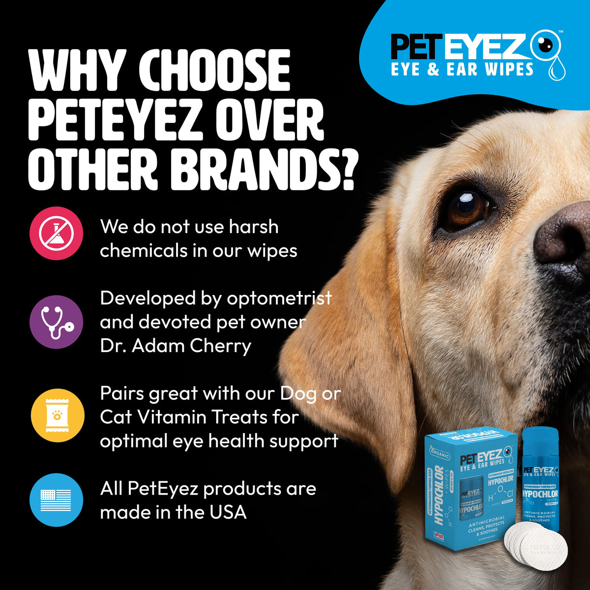 PetEyez™️ Eye, Tear Stain, and Ear Wipe with Hypochlor