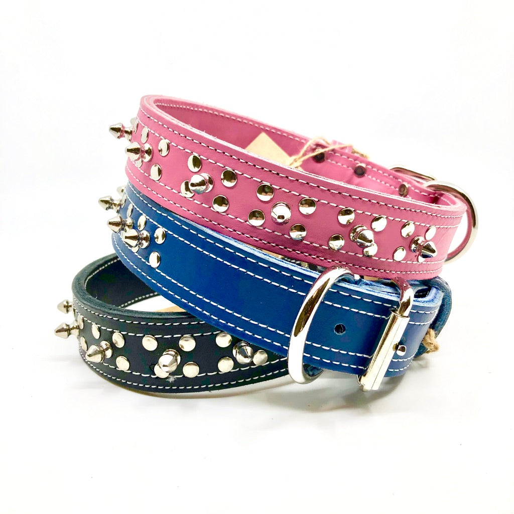 Double Stitch Leather Collar with Studs and Rivets - 1.5" width